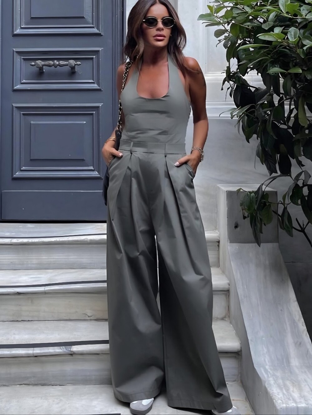 Zara Blogger Khaki Utility-Chic Halter Paper Bag Wide-Leg Cotton Gabardine XXL - Picture 3 of 15
